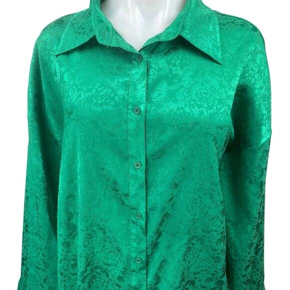 12th Tribe Green Silky Satin Floral Long Sleeve Button Down Mini Shirt Dress M - Picture 3 of 5